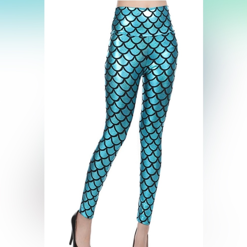 NEW! Zimu mermaid leggings. Metallic blue/black fitted leggings. Size small. - Picture 2 of 7